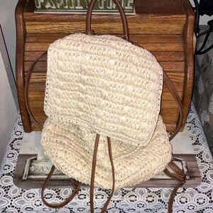 Pink Lily Cream Woven Straw Backpack With Faux Leather Straps